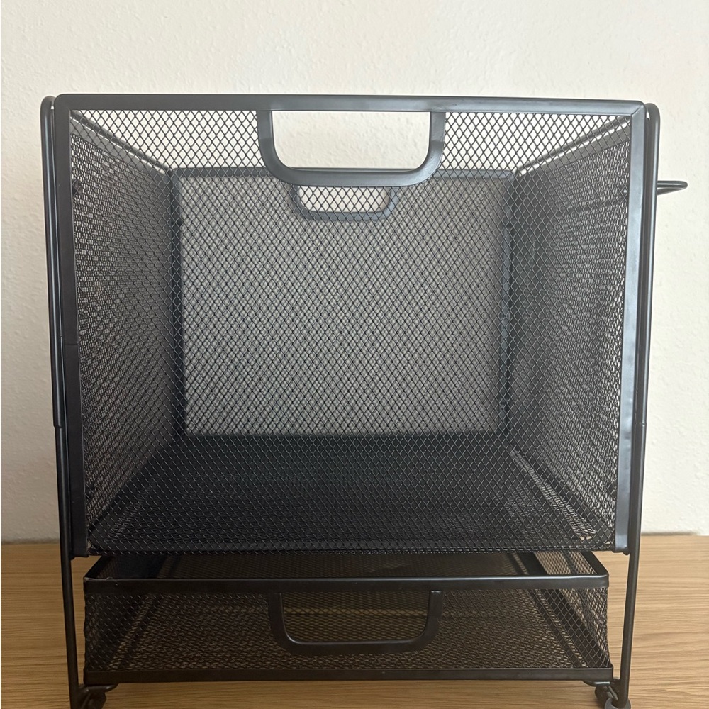 Mesh Desk Hanging File Organizer with Sliding Drawer – Black Metal